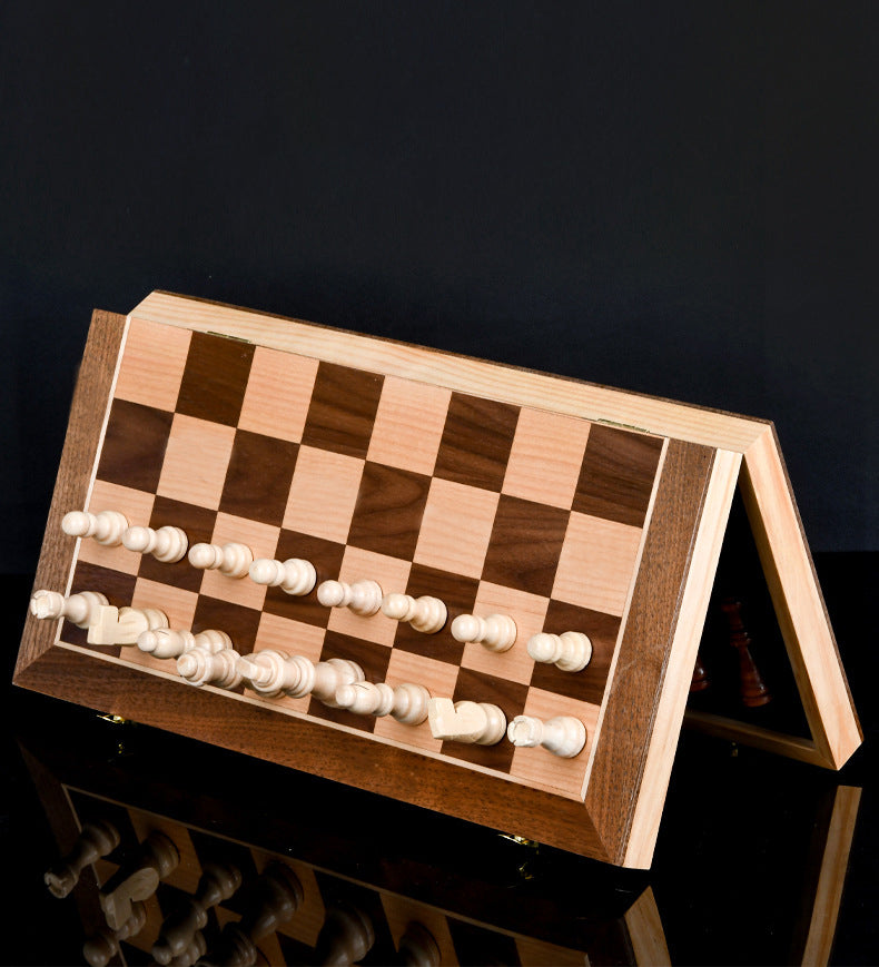 Solid Wood Magnetic Chess & Checker Game Set - Two in One Combination