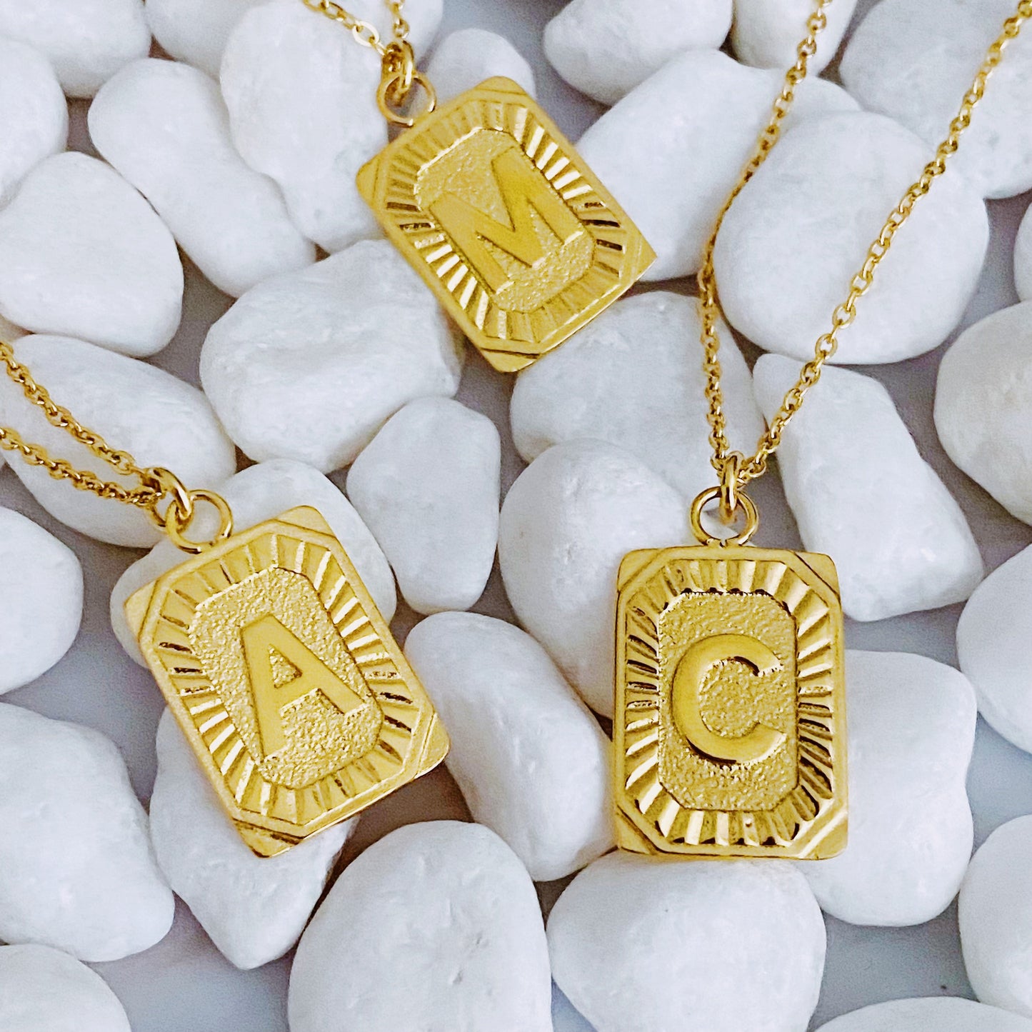 Trendy gold bar inspired Aztec style initial charm with pretty chain - Art Deco Initial Necklace