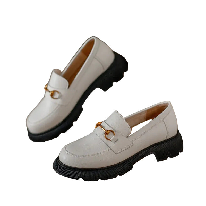 Women's Chunky Rubber Sole Leather Loafers with Gold Tone Buckle Detail