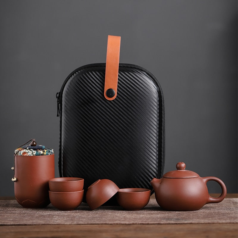 Set of four (4) Dark Sand/Brown Ceramic Tea Cups & Portable Travel Teapot Set in Carry Case