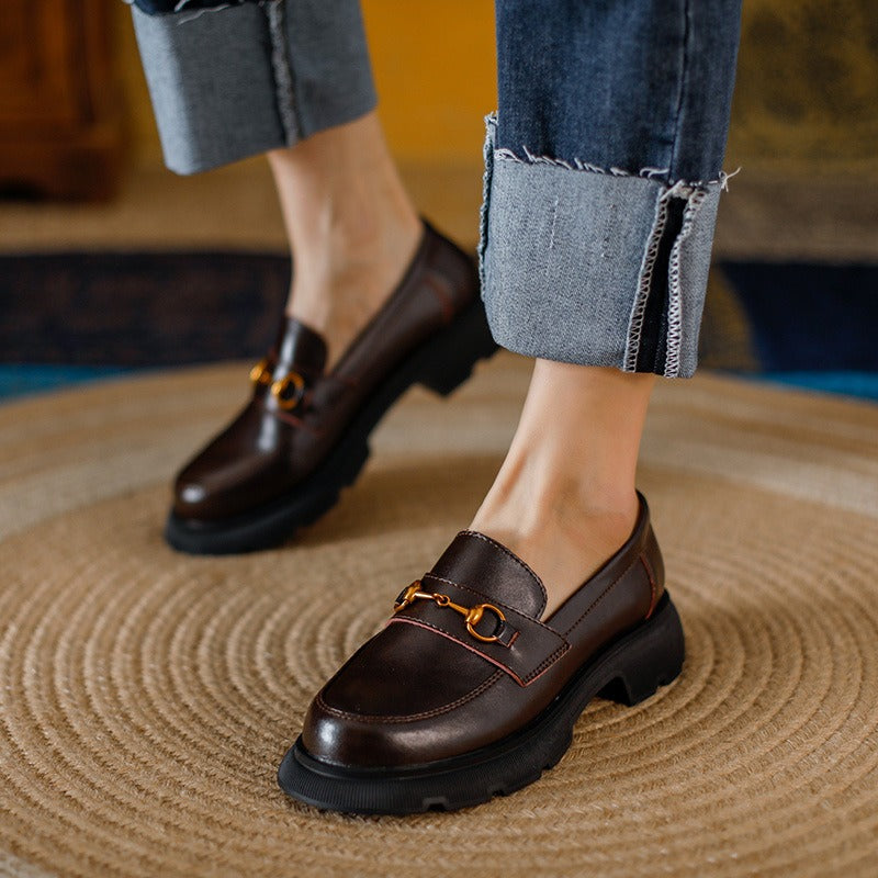 Women's Chunky Rubber Sole Leather Loafers with Gold Tone Buckle Detail