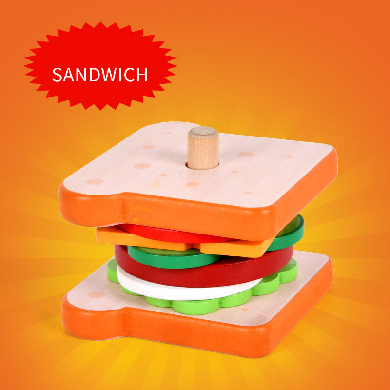 Children's Wooden Pillar Stacking Burger or Sandwich Educational Toy Set