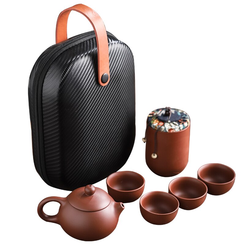 Set of four (4) Dark Sand/Brown Ceramic Tea Cups & Portable Travel Teapot Set in Carry Case