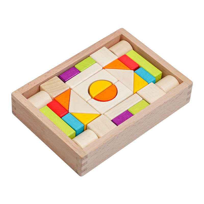 Children's Montessori wooden box packed building blocks, shape recognition, creativity, assembly thinking, exercise, color recognition, early education, interactive wooden toys