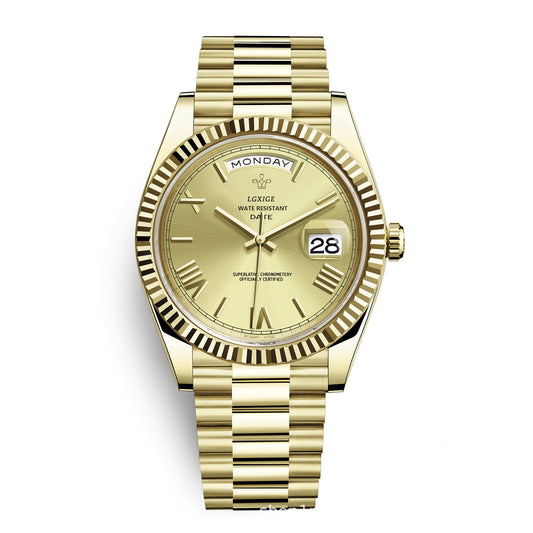 a gold watch with a band
