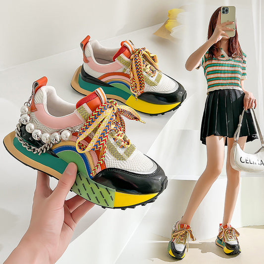 Women's Genuine Leather Decorative Embellished Thick Soled Athletic Shoes