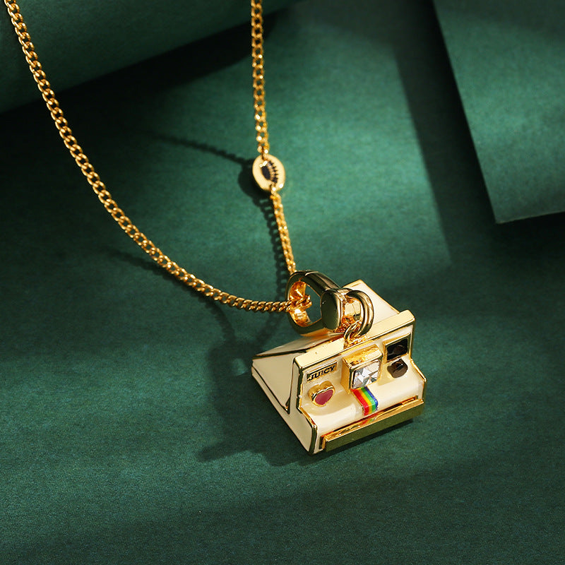 Women's Retro Enamel Glazed Three-Dimensional Vintage Polaroid Camera Pendant or Pendant and Necklace