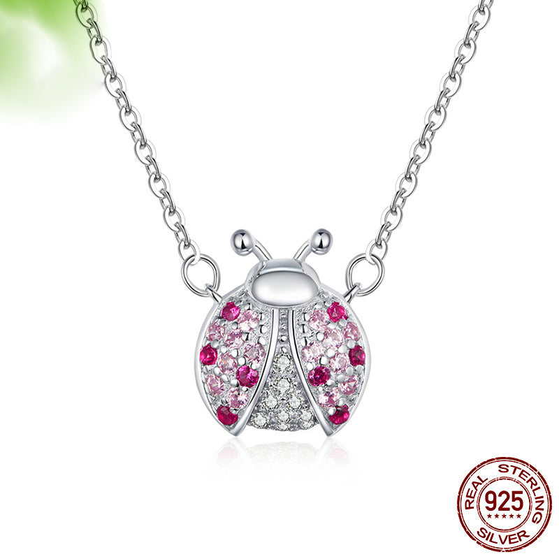 Women's S925 Sterling Silver Ladybug Pendant Necklace with Rhinestones