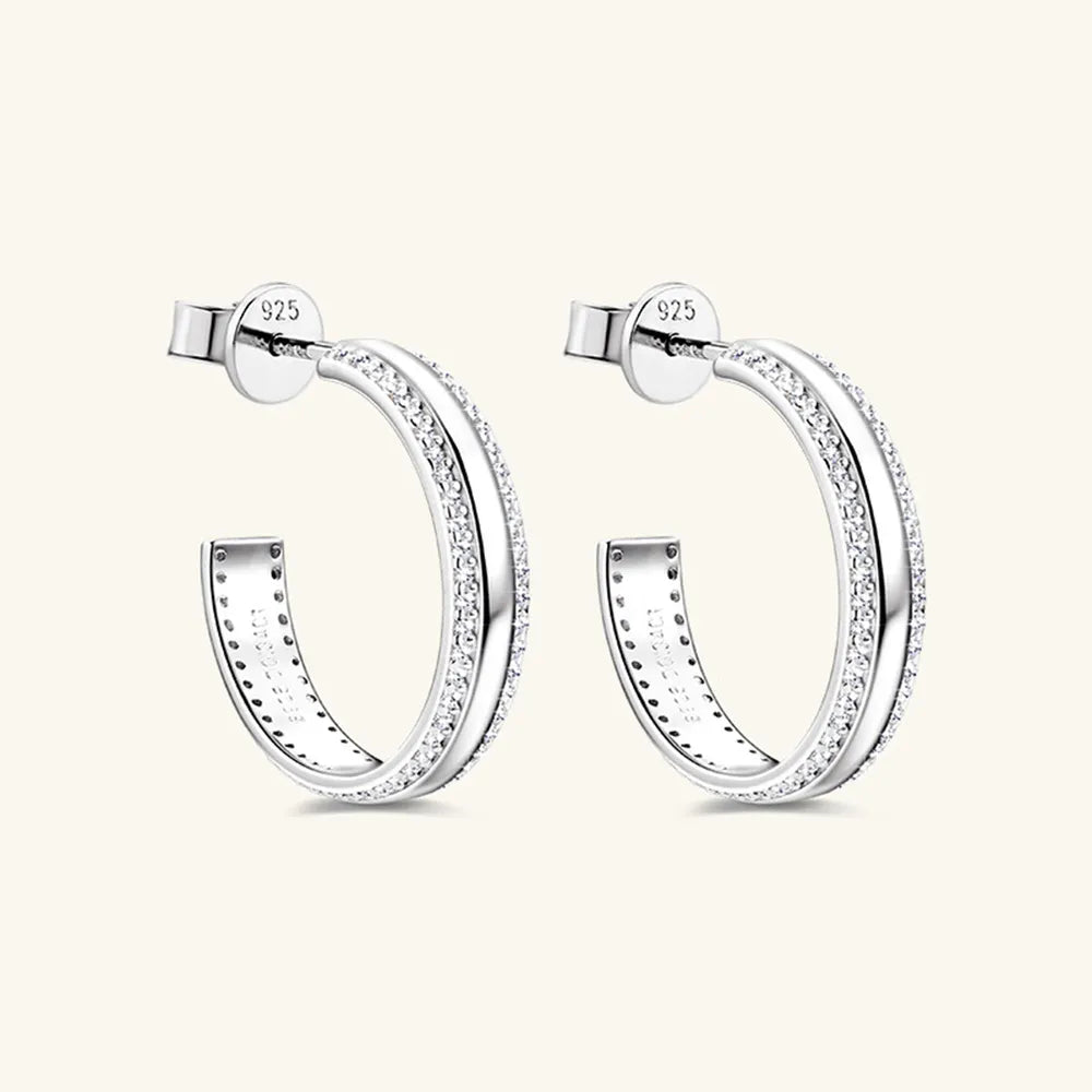 Women's Sterling Silver 925 Inlaid Moissanite C-Hoop Earrings