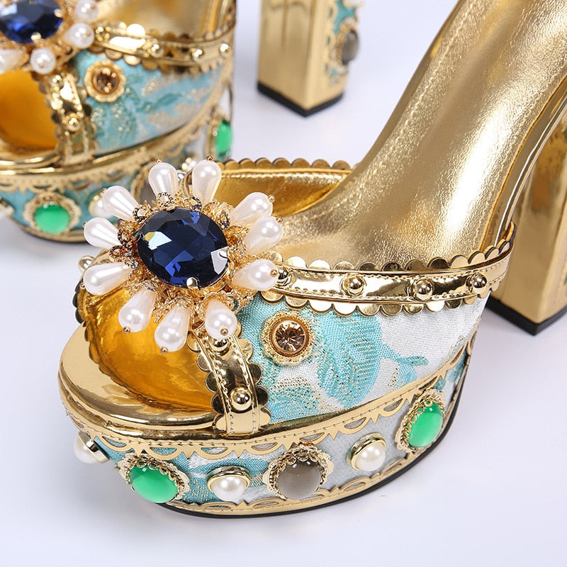 Women's Open Toe Gold-Tone Baroque-Esque Jeweled Decorative Leather Platform Shoes Sandals Heels