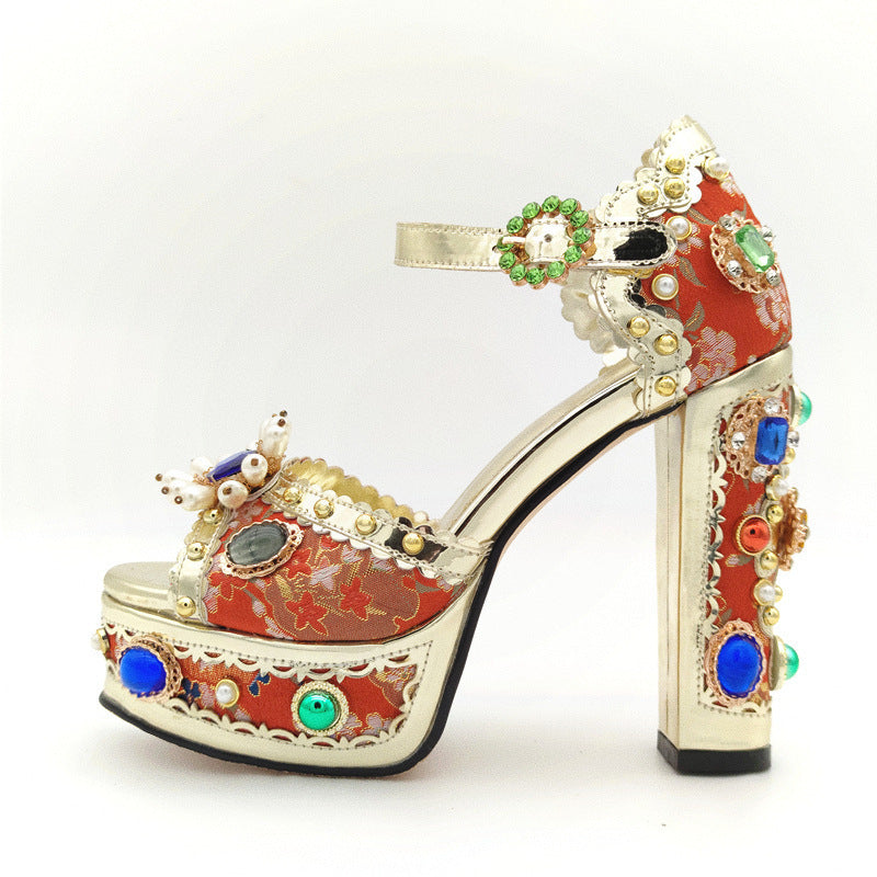 Women's Open Toe Gold-Tone Baroque-Esque Jeweled Decorative Jacquard Platform Shoes Sandals Heels