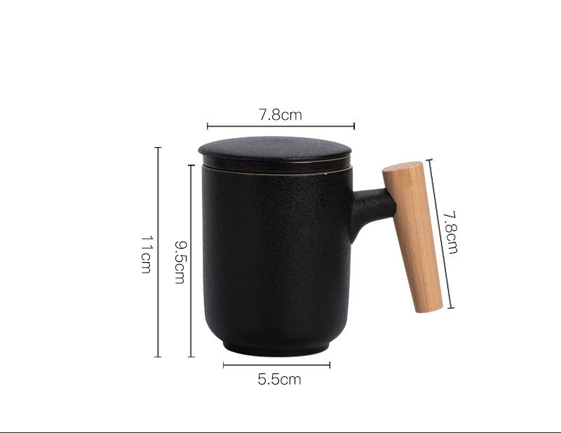 Ceramic Tea Cup with Lid and Wooden Handle