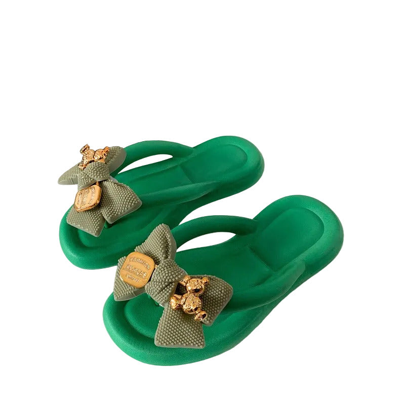 Women's Super Cute Thick Soled Thongs/Flip Flop Style Sandals with Mesh Bow & Gold-Tone Metal Buckle Toe Clip Detail Accent