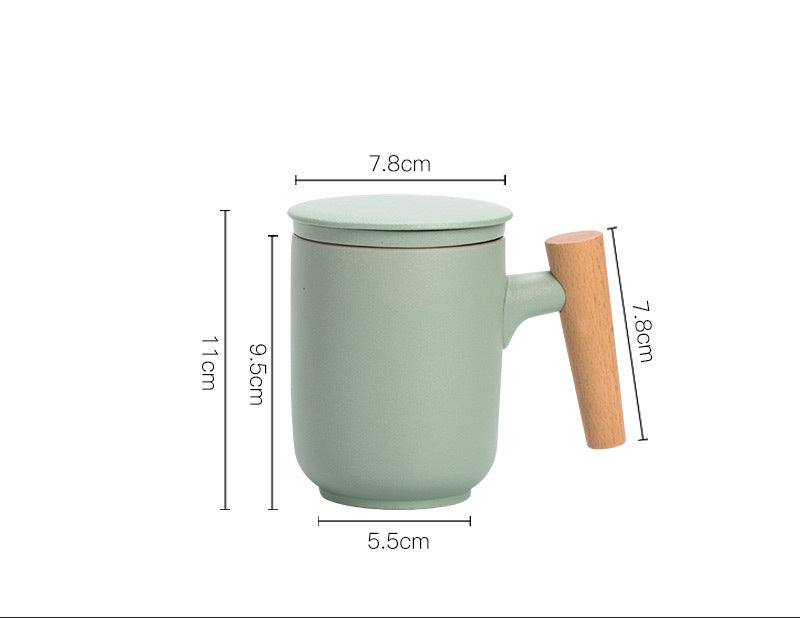 Ceramic Tea Cup with Lid and Wooden Handle