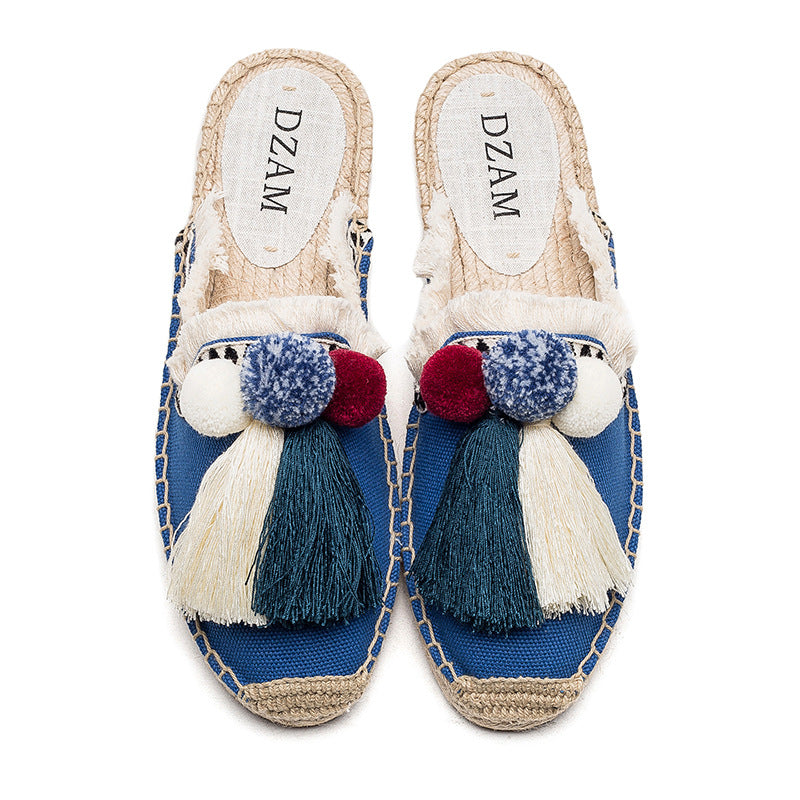 Women's Cute Embroidered Slip-On Open Heel Espadrilles/Shoes with Tassel Embellishment