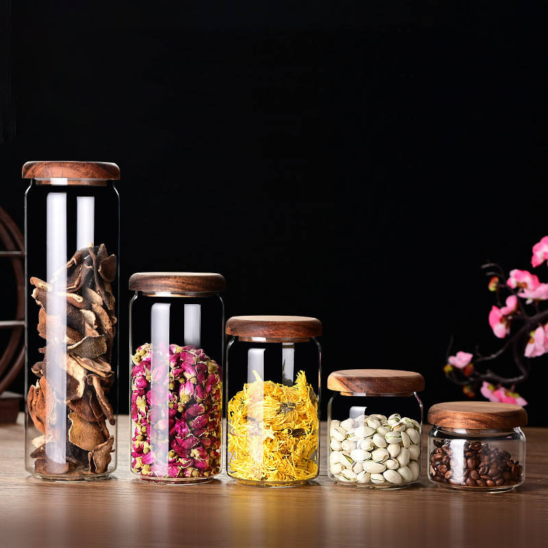Glass+Acacia Wood Covered Universal Storage Jars