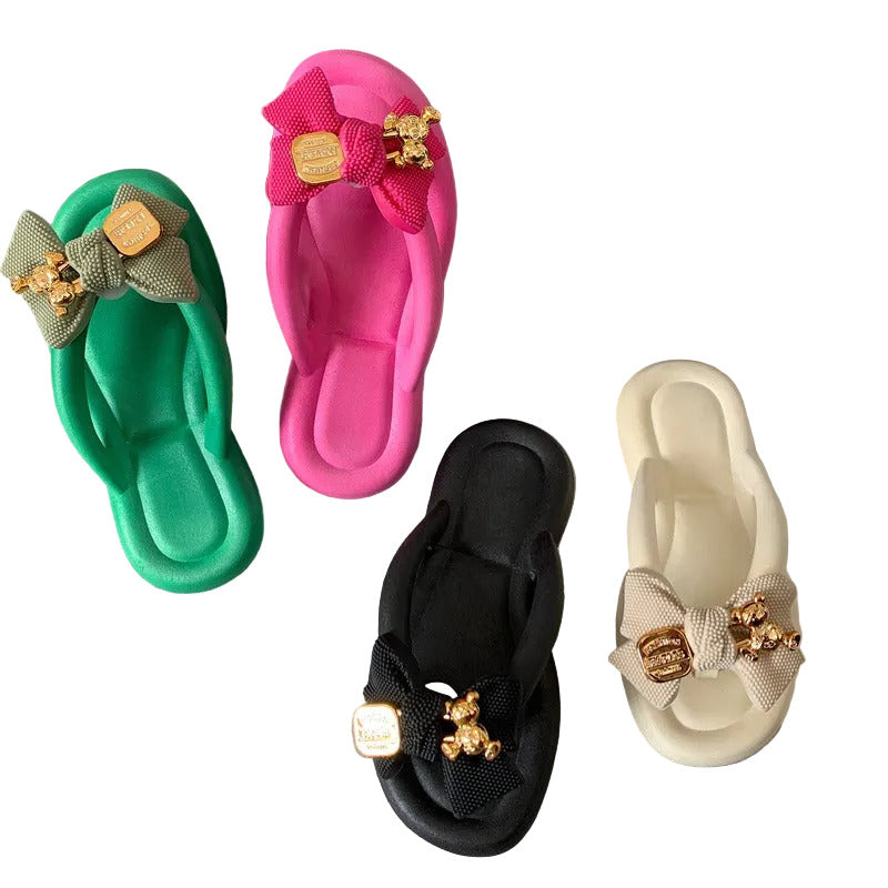 Women's Super Cute Thick Soled Thongs/Flip Flop Style Sandals with Mesh Bow & Gold-Tone Metal Buckle Toe Clip Detail Accent