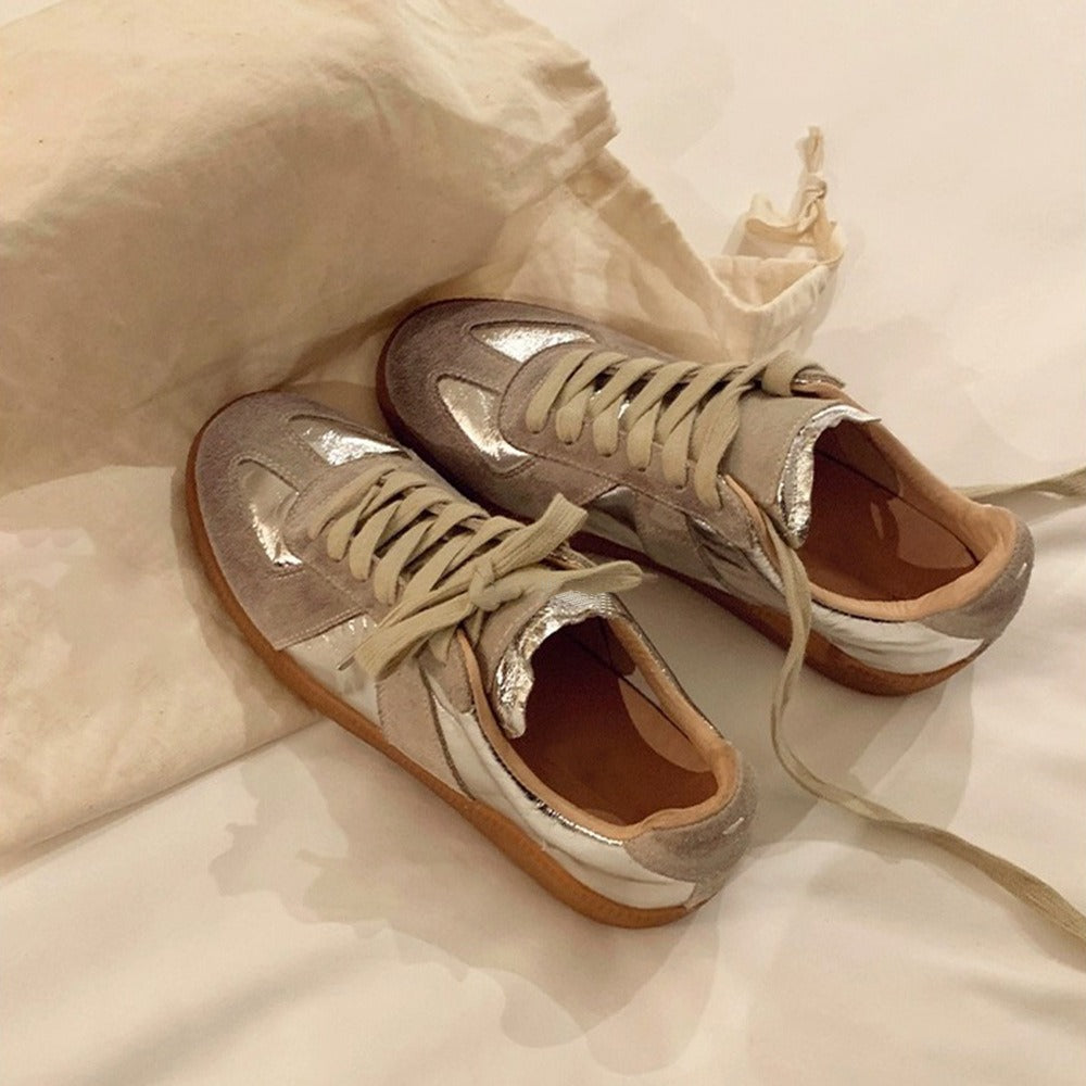 Women's Genuine Leather Metallic Silver Retro Athletic Shoes Sneakers with Stripe Detailing