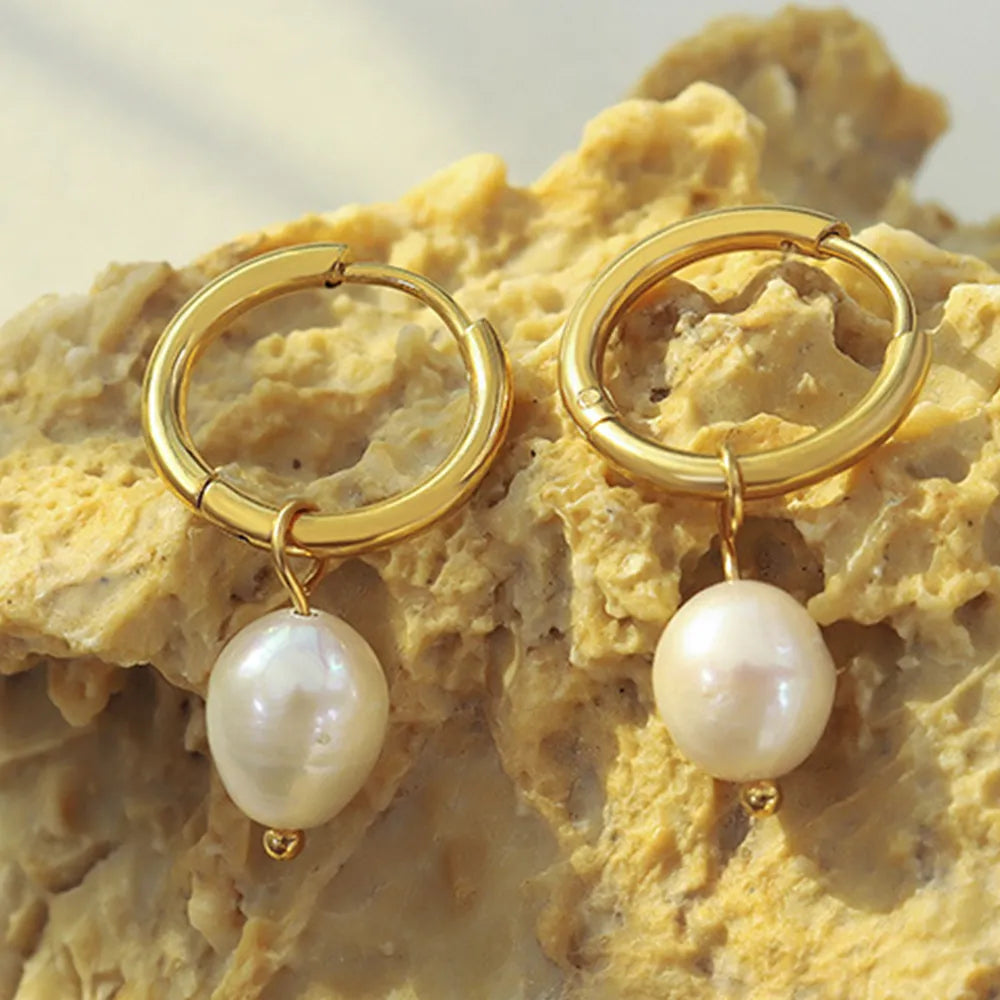 Women's 18K Gold Plated Titanium Steel Freshwater Pearl Drop Hoop Earrings