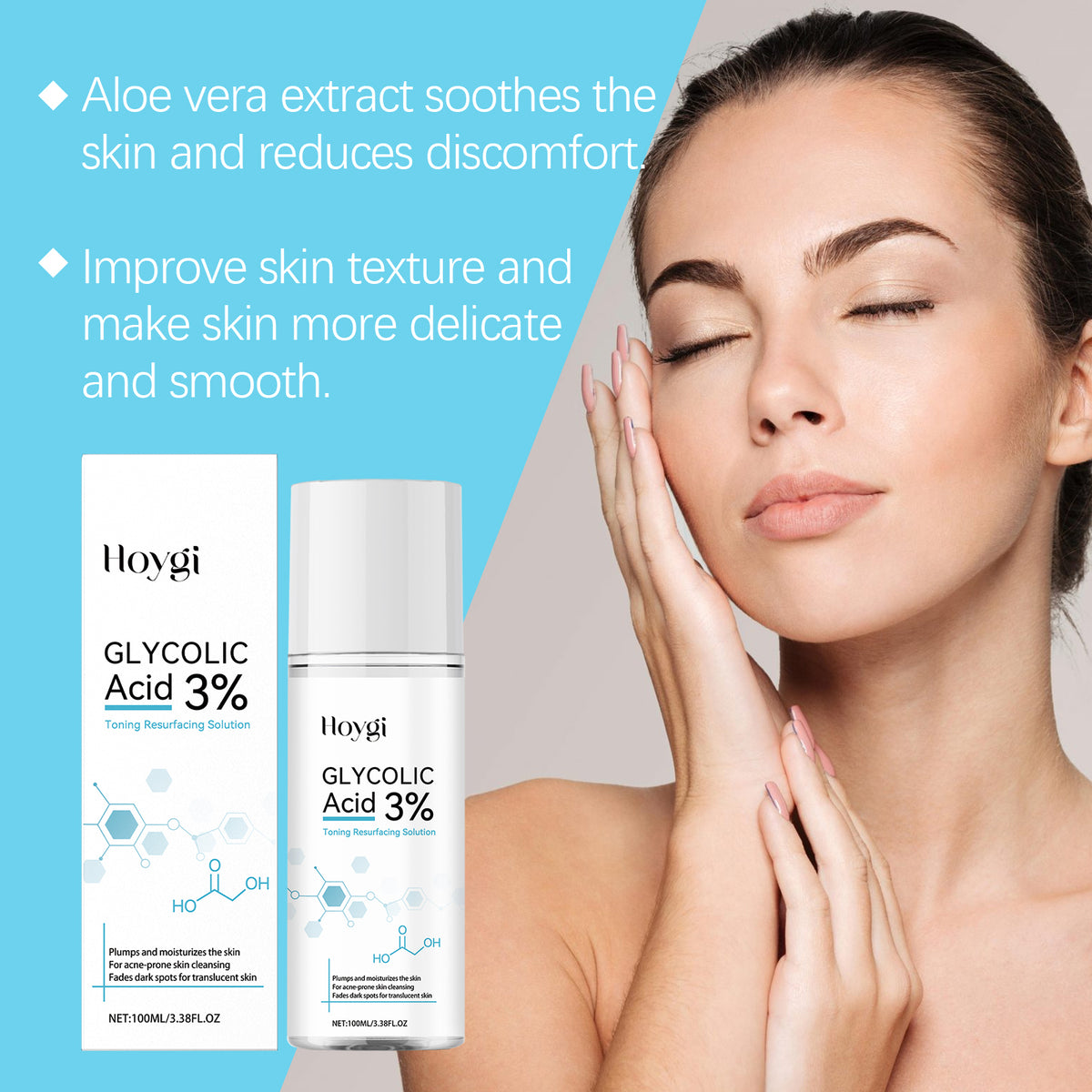 a woman with her eyes closed and a bottle of skincare product