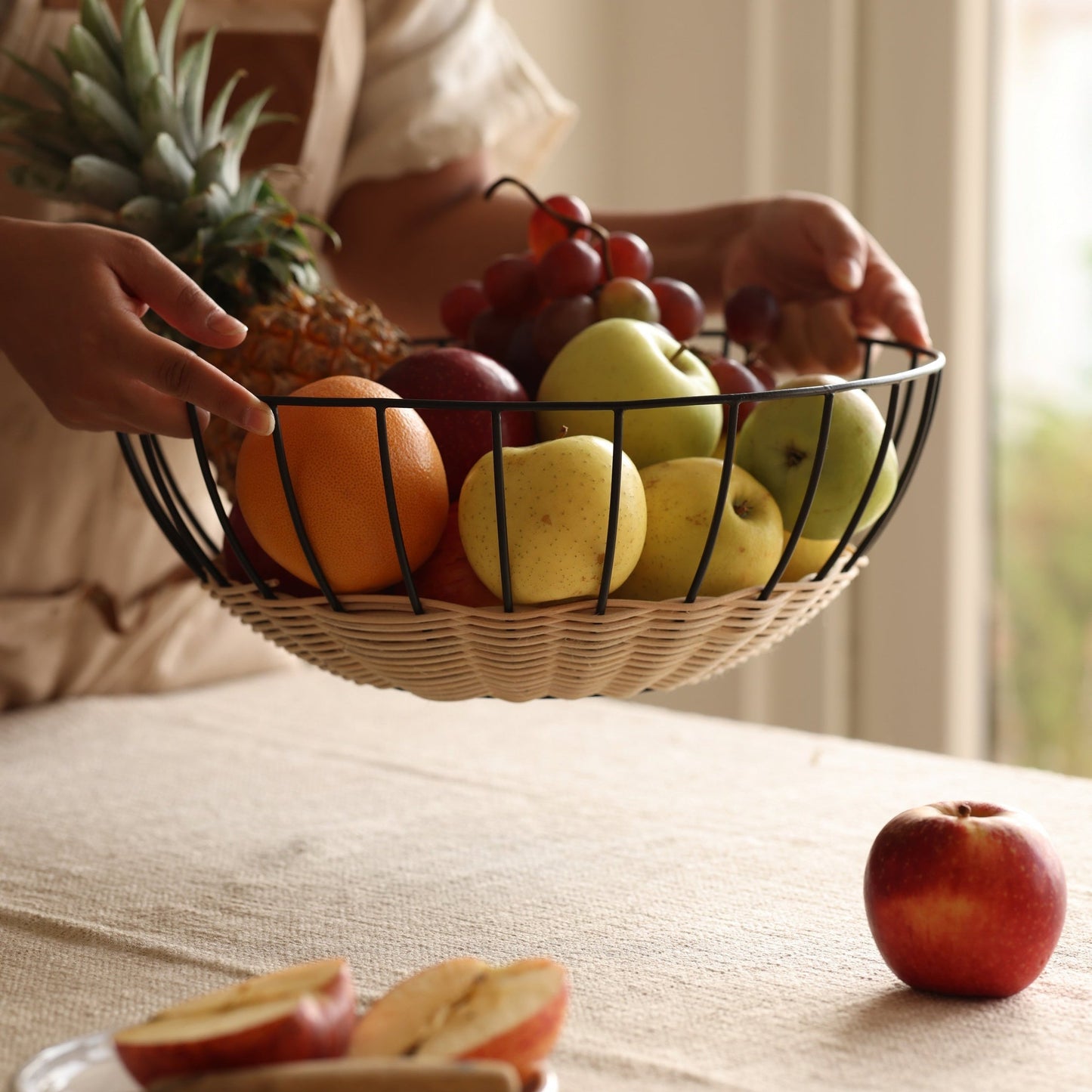 Cabo Rattan Fruit Basket w/Black Coated Iron Trim