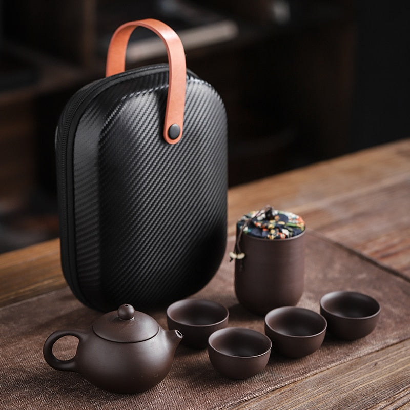 Set of four (4) Dark Sand/Brown Ceramic Tea Cups & Portable Travel Teapot Set in Carry Case