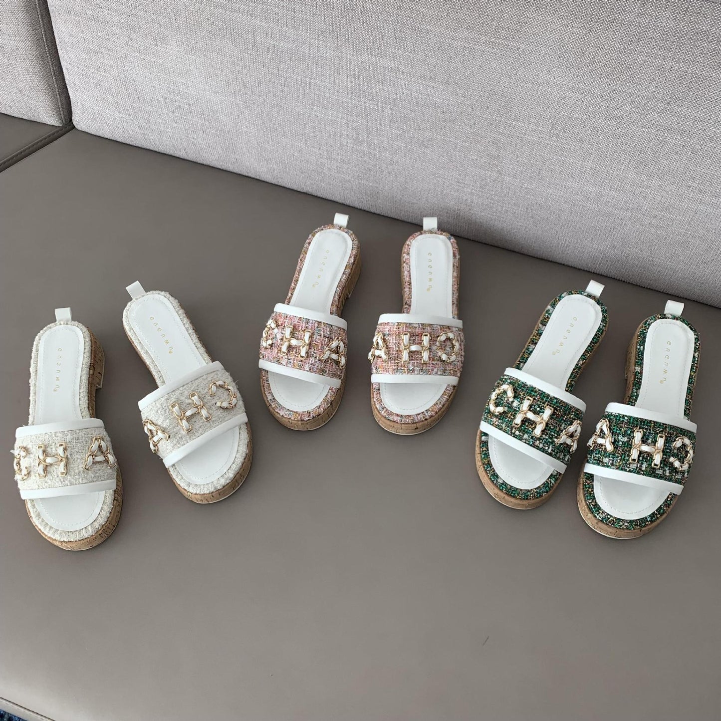 Women's Slip-On Tweed and Metal Chain Detail Cork Slide Sandals