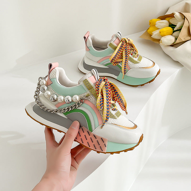 Women's Genuine Leather Decorative Embellished Thick Soled Athletic Shoes