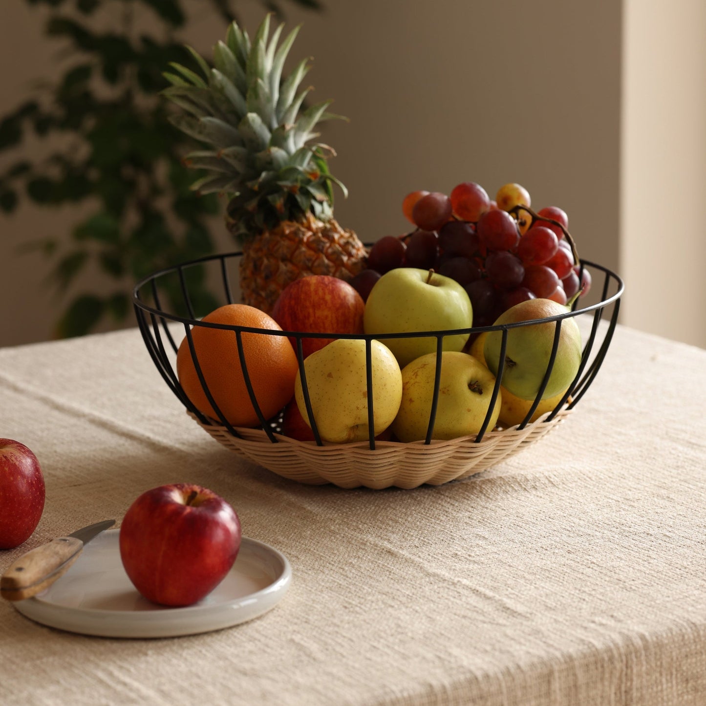 Cabo Rattan Fruit Basket w/Black Coated Iron Trim
