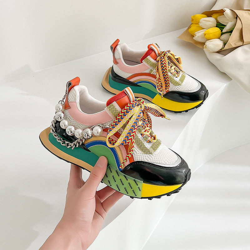 Women's Genuine Leather Decorative Embellished Thick Soled Athletic Shoes