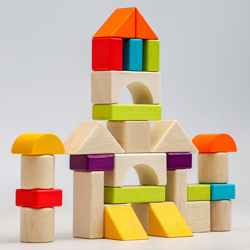 Children's Montessori wooden box packed building blocks, shape recognition, creativity, assembly thinking, exercise, color recognition, early education, interactive wooden toys