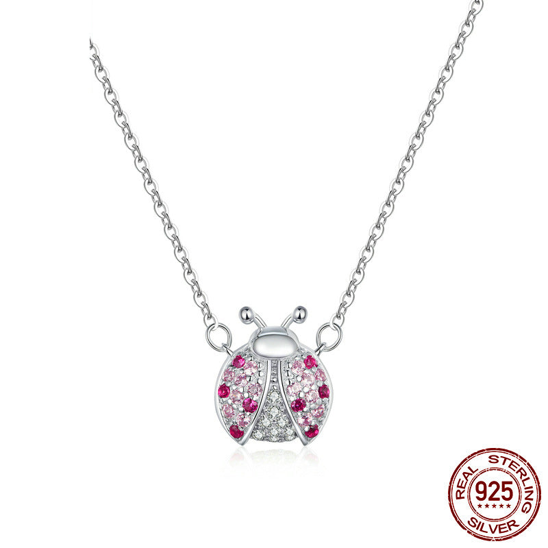 Women's S925 Sterling Silver Ladybug Pendant Necklace with Rhinestones