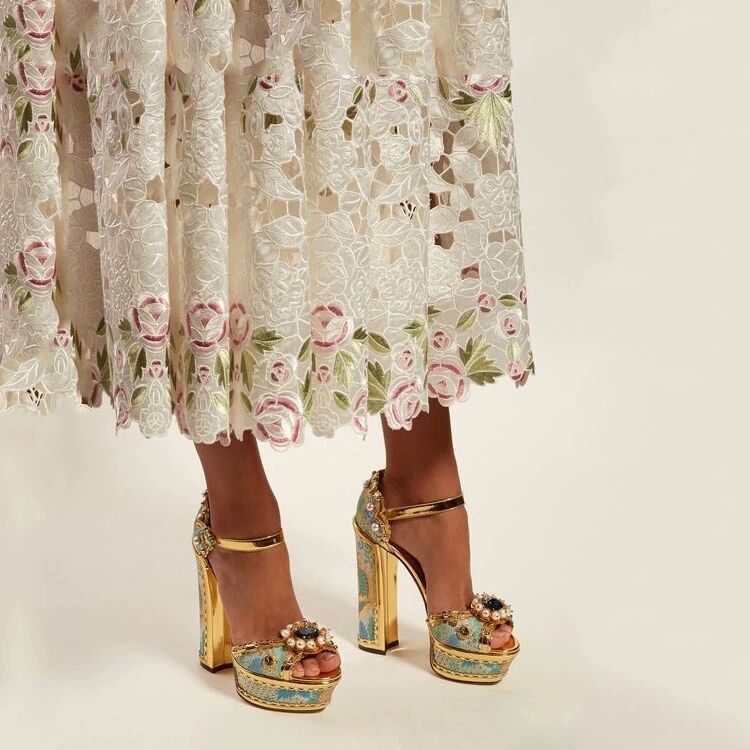 Women's Open Toe Gold-Tone Baroque-Esque Jeweled Decorative Jacquard Platform Shoes Sandals Heels