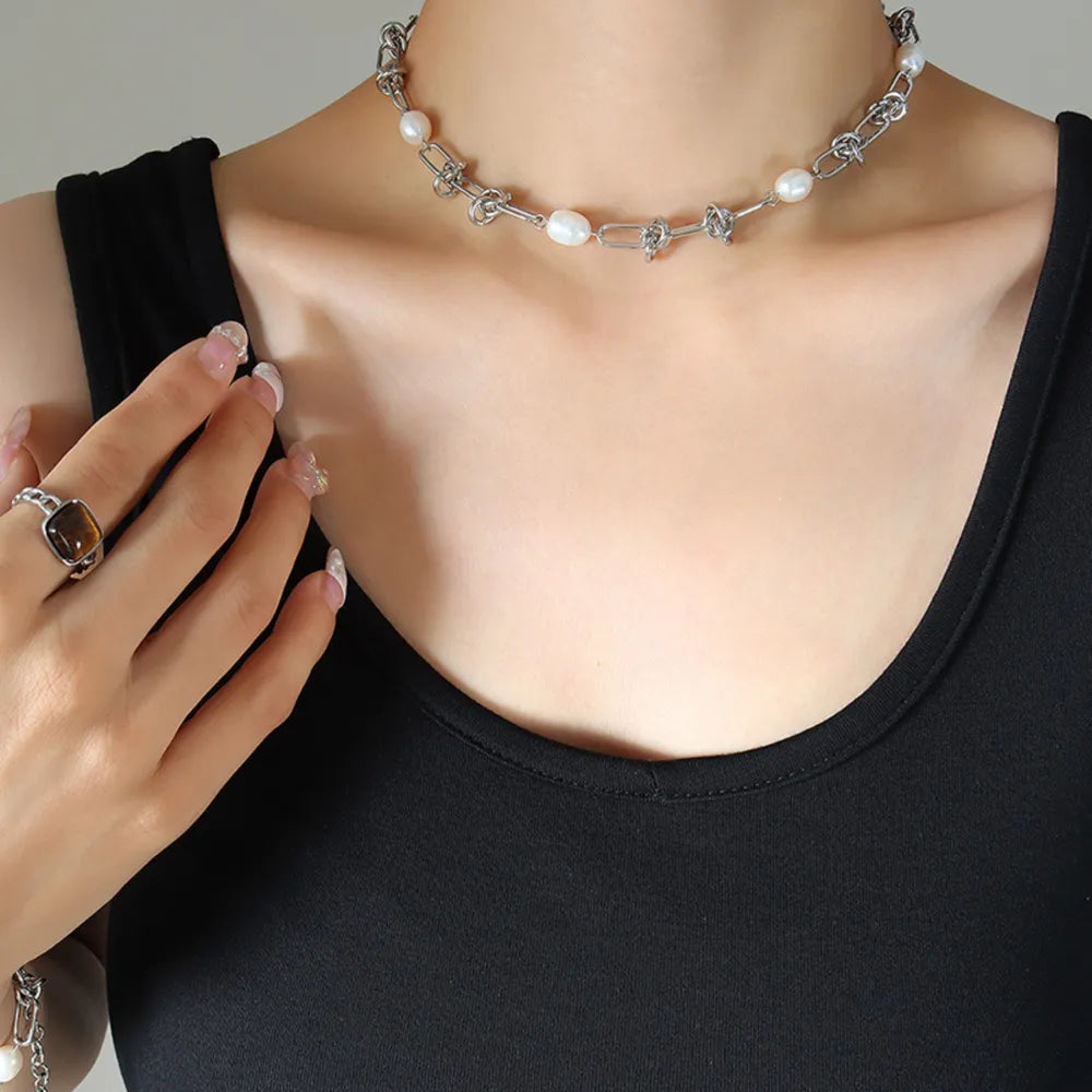 Women's Freshwater Pearl Titanium Steel Chainlink Necklace