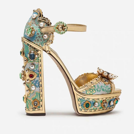 Women's Open Toe Gold-Tone Baroque-Esque Jeweled Decorative Jacquard Platform Shoes Sandals Heels
