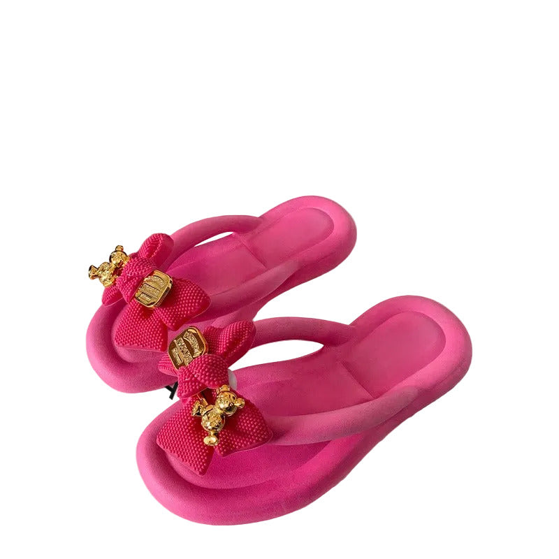 Women's Super Cute Thick Soled Thongs/Flip Flop Style Sandals with Mesh Bow & Gold-Tone Metal Buckle Toe Clip Detail Accent