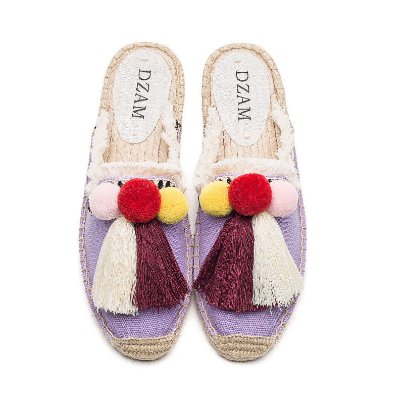Women's Cute Embroidered Slip-On Open Heel Espadrilles/Shoes with Tassel Embellishment