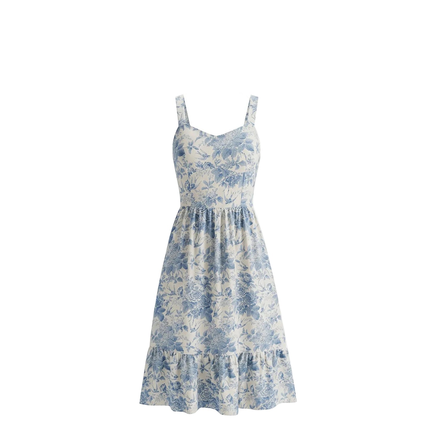 Women's Sleeveless Floral Toile Print Fitted Ruffle Hem Dress