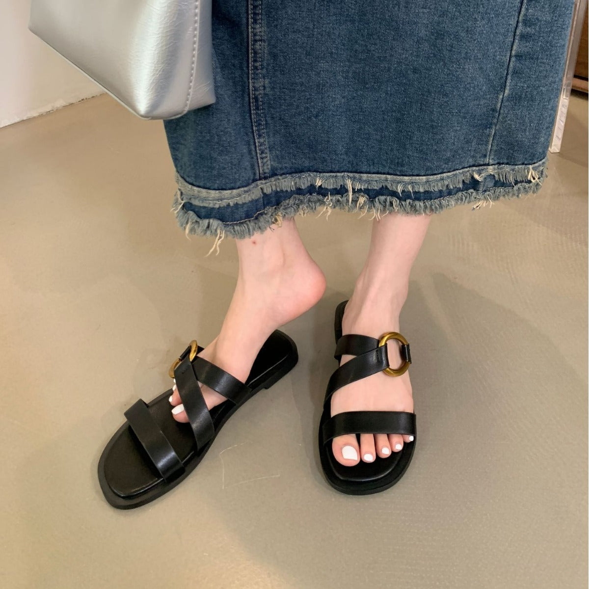 Women's Open-toe Sandals with Gold-tone Buckle Detail