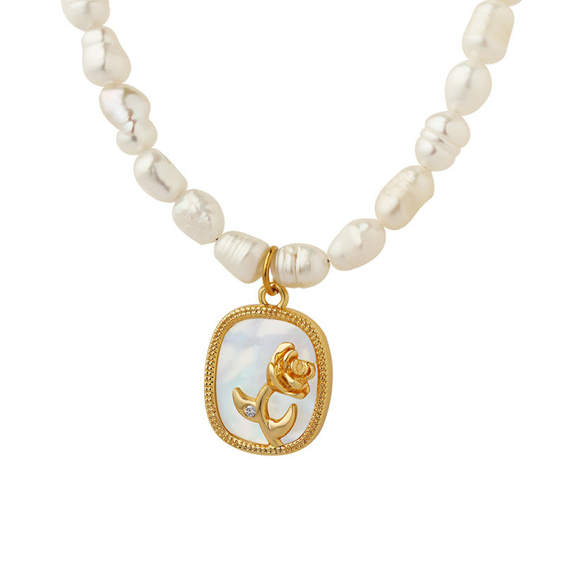 Women's French Baroque Freshwater Pearl Cabochon Rose Oval Pendant