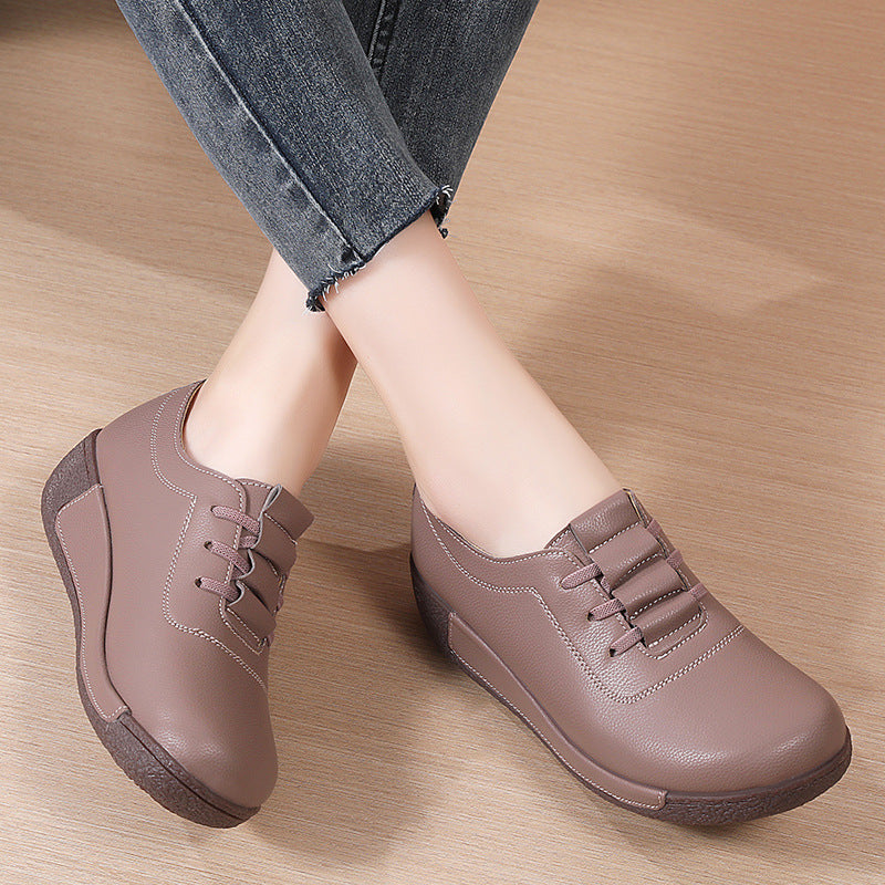 Women's Thick Wedge Sole Genuine Leather Upper Slip-On Casual Sneaker Shoes
