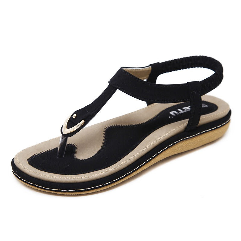 Women's Thong Style Sandals with Gold Buckle Detail & Elastic Ankle Strap