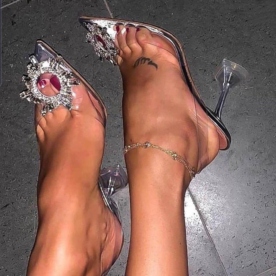 Women's Clear Pointed Toe Elegant Slingback High Heels/Pumps with Rhinestone Embellishment