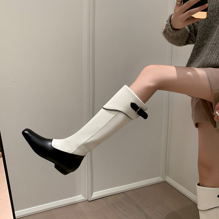 Women's Genuine Leather Tall Boots with Buckle Detail