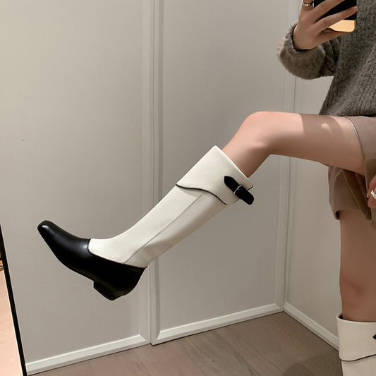 Women's Genuine Leather Tall Boots with Buckle Detail