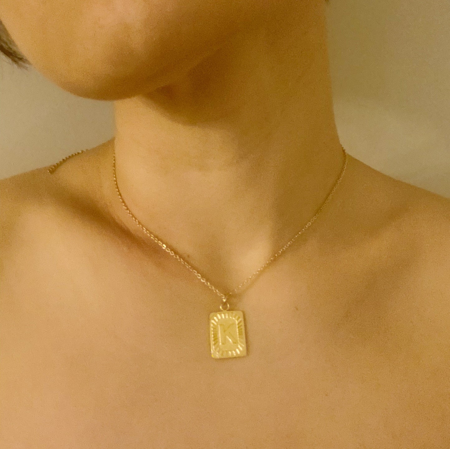 Trendy gold bar inspired Aztec style initial charm with pretty chain - Art Deco Initial Necklace