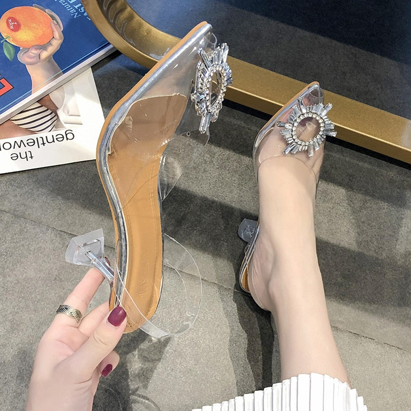 Women's Clear Pointed Toe Elegant Slingback High Heels/Pumps with Rhinestone Embellishment