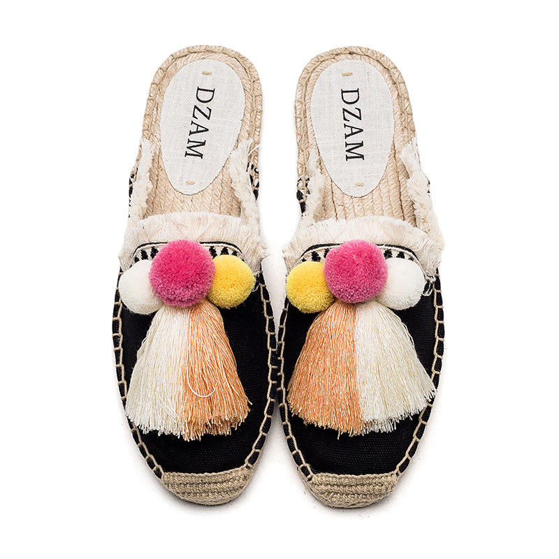 Women's Cute Embroidered Slip-On Open Heel Espadrilles/Shoes with Tassel Embellishment
