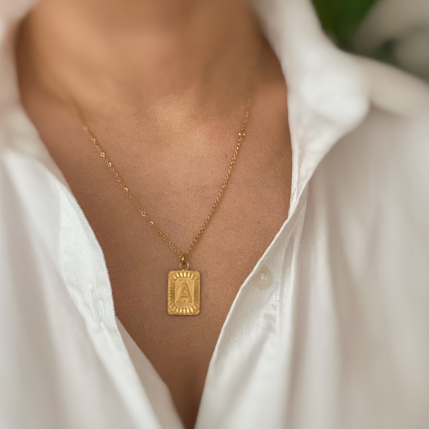 Trendy gold bar inspired Aztec style initial charm with pretty chain - Art Deco Initial Necklace