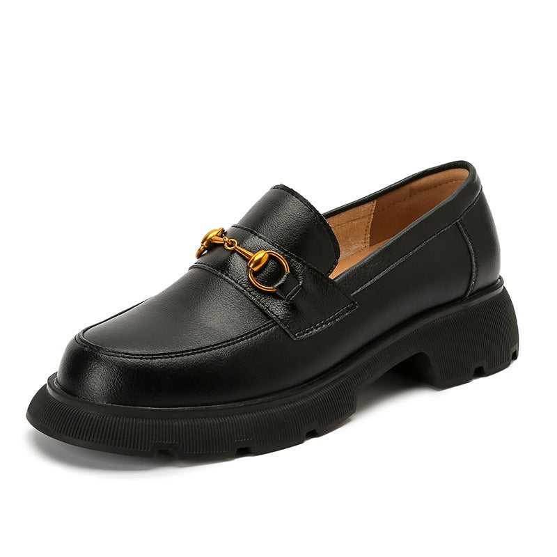 Women's Chunky Rubber Sole Leather Loafers with Gold Tone Buckle Detail
